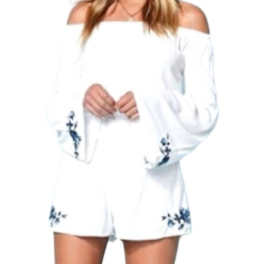 Lottie Moss Romper Floral Embroidered Off Shoulder Long Sleeve White Blue XS NWT